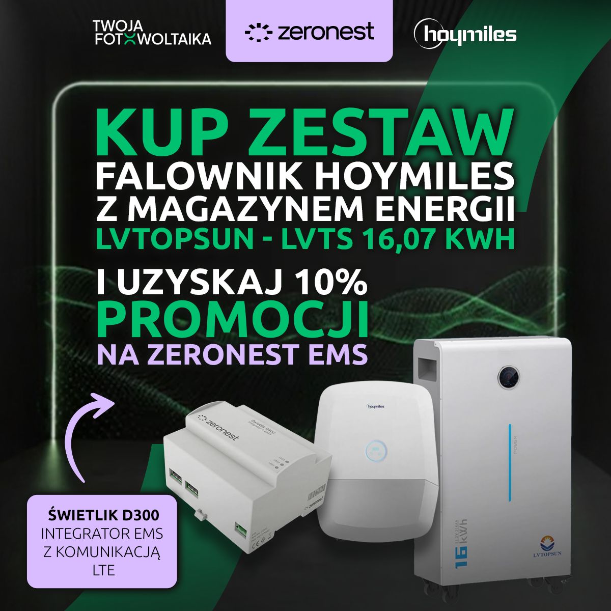 Zestaw Hoymiles HIT-12L-G3 LV 12 kW + LVTOPSUN 16,07 kWh + 10% rabatu na Zeronest EMS