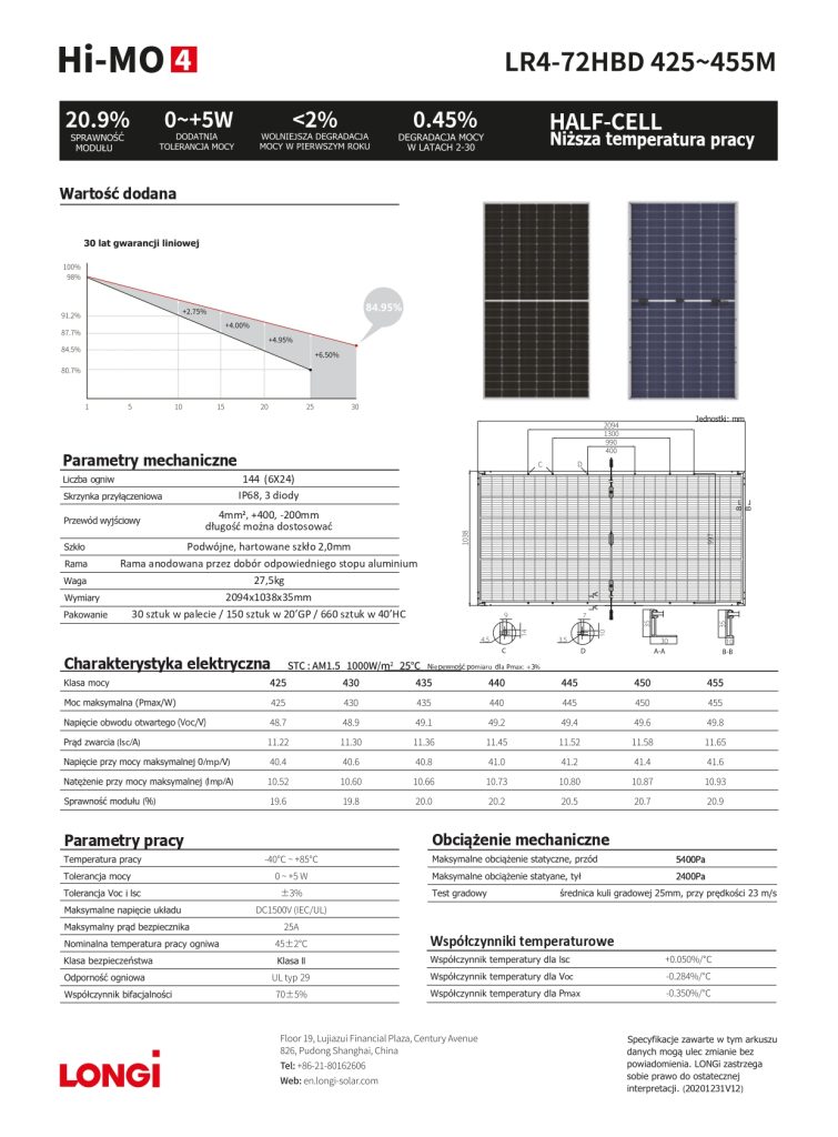 Longi Solar 445W LR4-72HBD-445M Bifacial Glass-glass Srebrna Rama